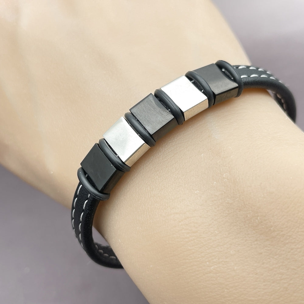 Stainless Steel Fancy Bracelet, Black Leather Finish, Steel Finish