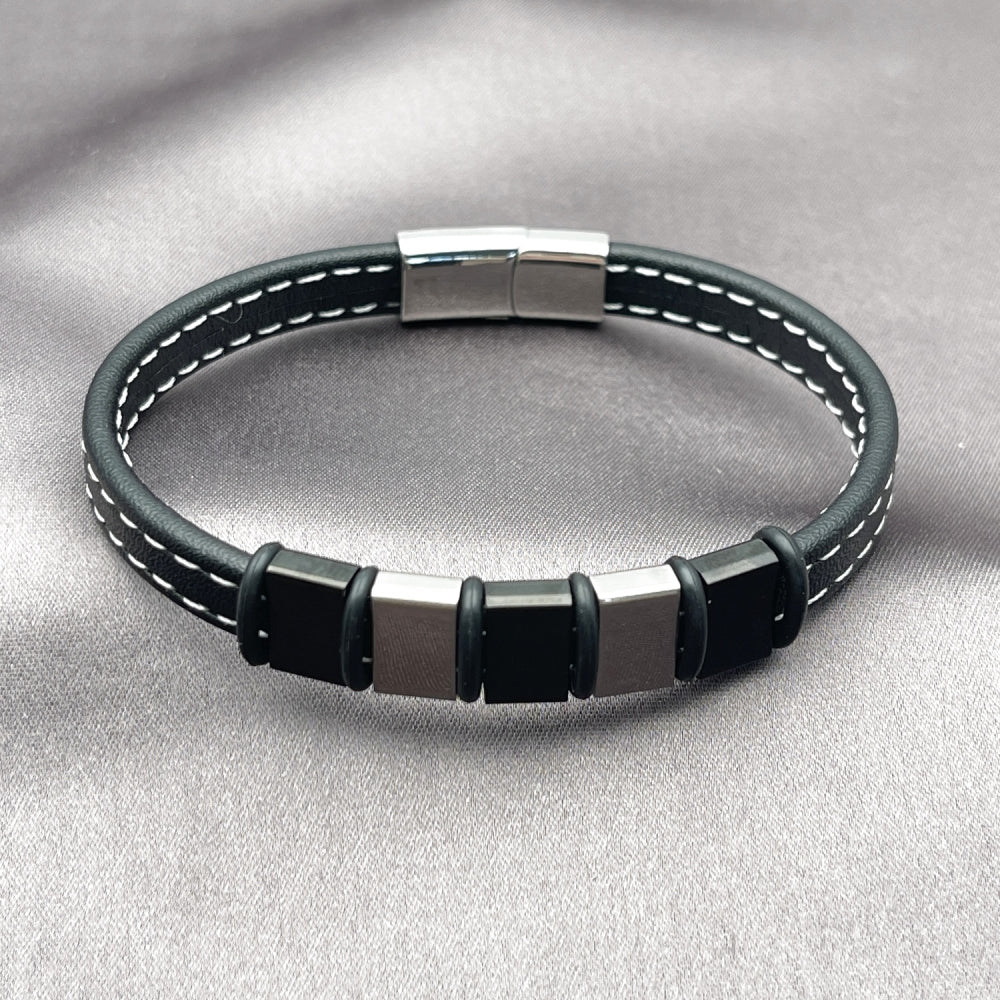 Stainless Steel Fancy Bracelet, Black Leather Finish, Steel Finish
