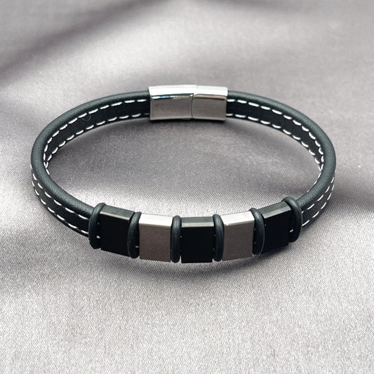 Stainless Steel Fancy Bracelet, Black Leather Finish, Steel Finish