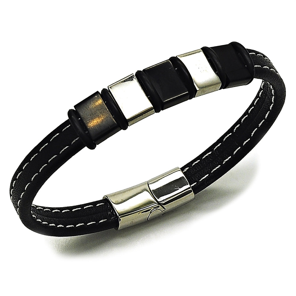 Stainless Steel Fancy Bracelet, Black Leather Finish, Steel Finish