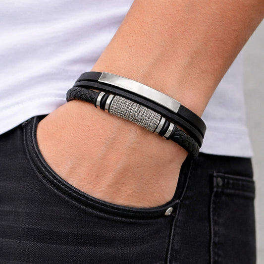 Stainless Steel Fancy Bracelet, Nameplate and Miami Cuban Design, Black Leather Finish, Steel Finish