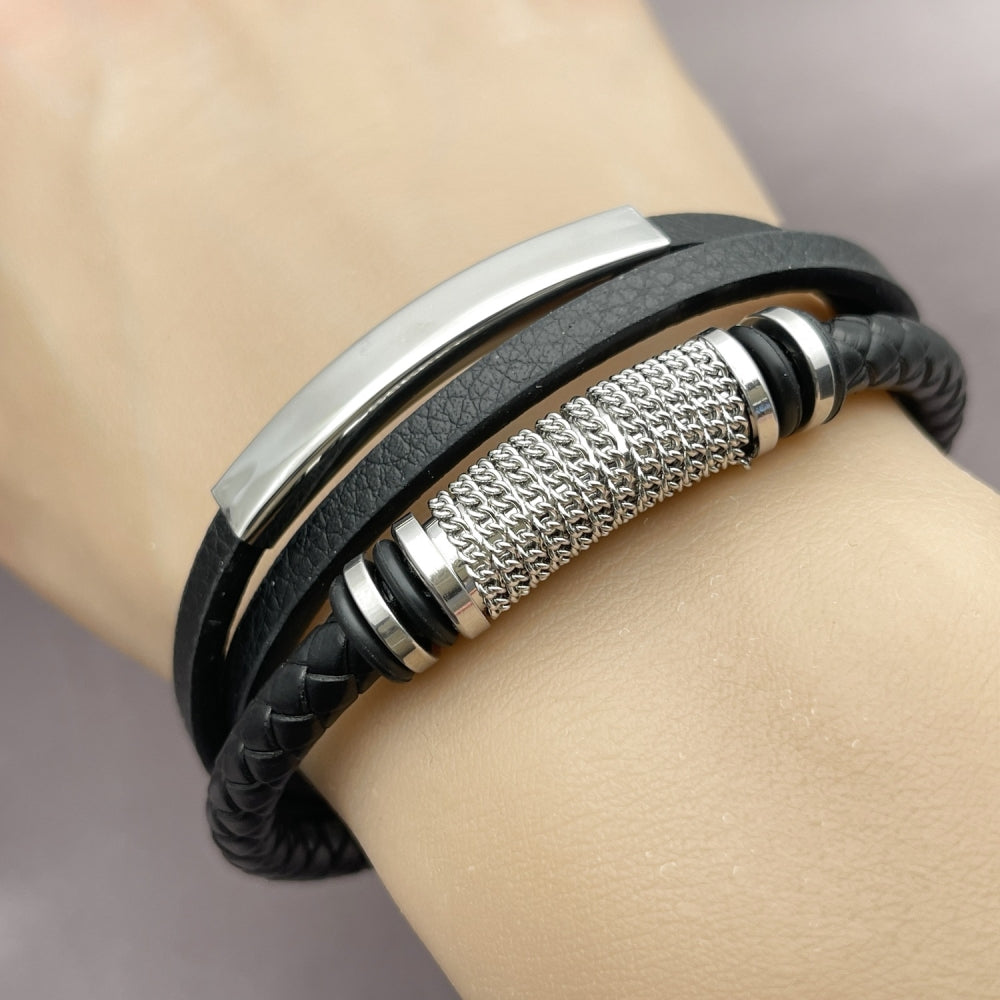 Stainless Steel Fancy Bracelet, Nameplate and Miami Cuban Design, Black Leather Finish, Steel Finish