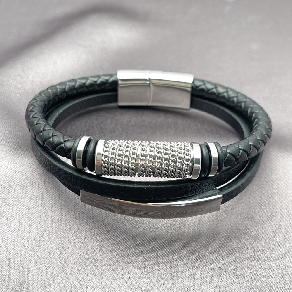 Stainless Steel Fancy Bracelet, Nameplate and Miami Cuban Design, Black Leather Finish, Steel Finish
