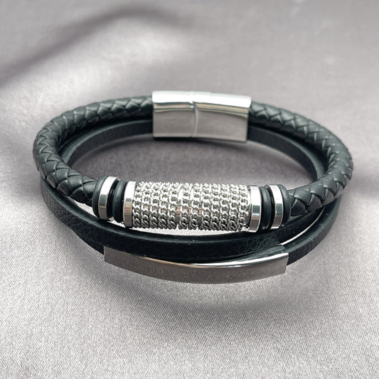 Stainless Steel Fancy Bracelet, Nameplate and Miami Cuban Design, Black Leather Finish, Steel Finish