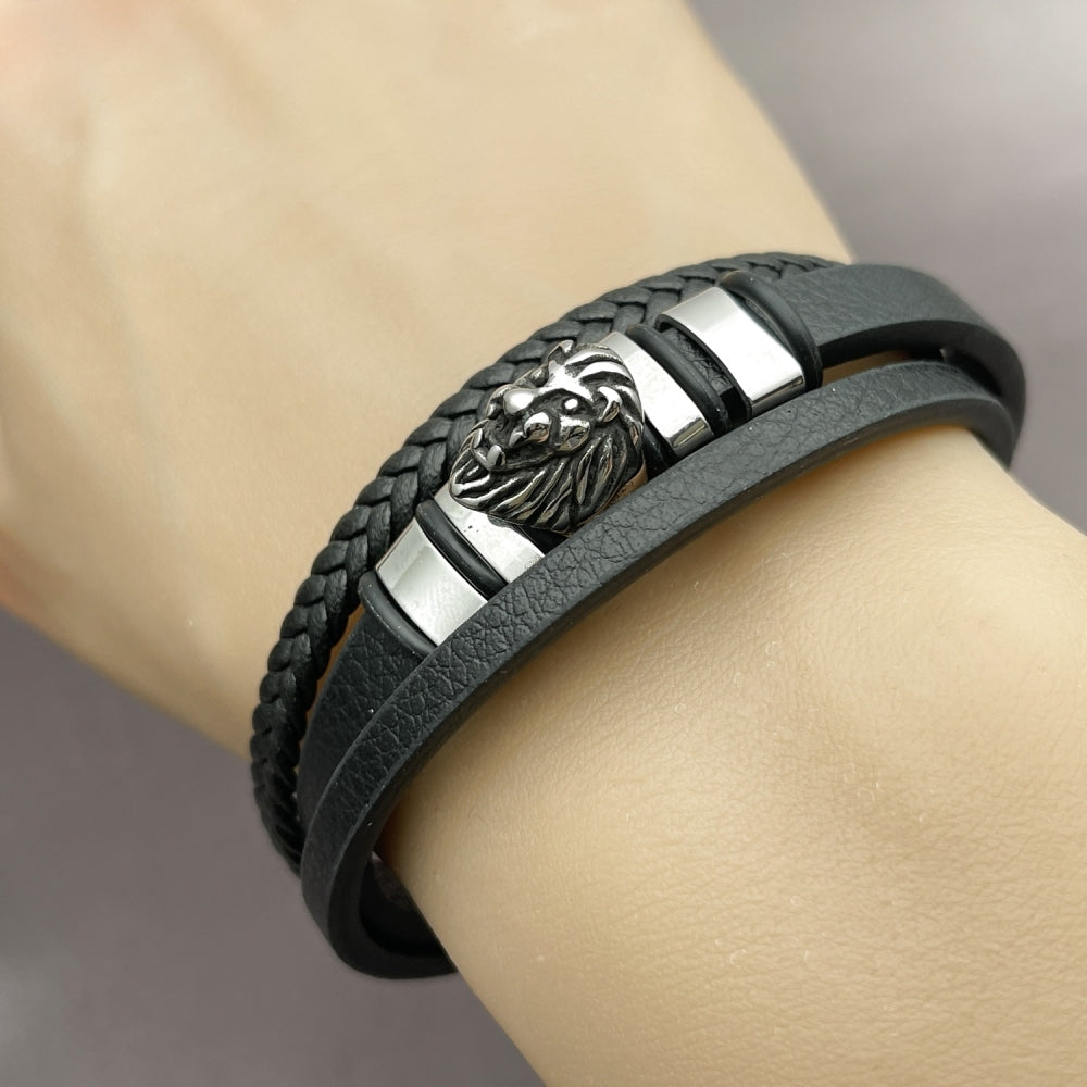 Stainless Steel Fancy Bracelet, Lion Design, Black Leather Finish, Steel Finish