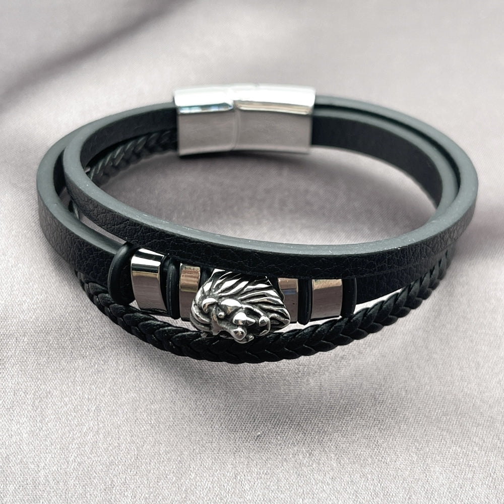 Stainless Steel Fancy Bracelet, Lion Design, Black Leather Finish, Steel Finish