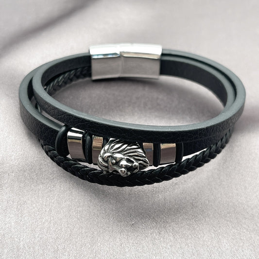 Stainless Steel Fancy Bracelet, Lion Design, Black Leather Finish, Steel Finish