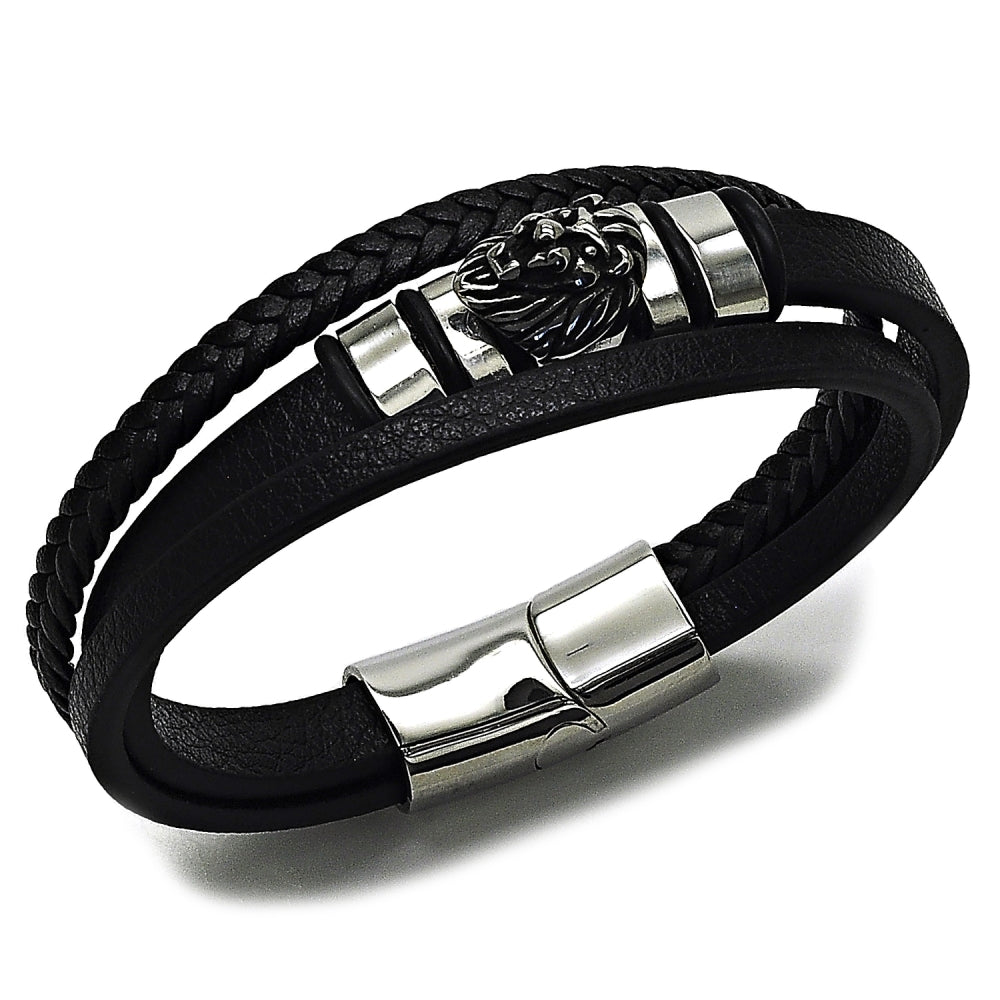 Stainless Steel Fancy Bracelet, Lion Design, Black Leather Finish, Steel Finish