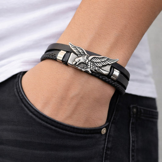 Stainless Steel Fancy Bracelet, Eagle Design, Black Leather Finish, Steel Finish