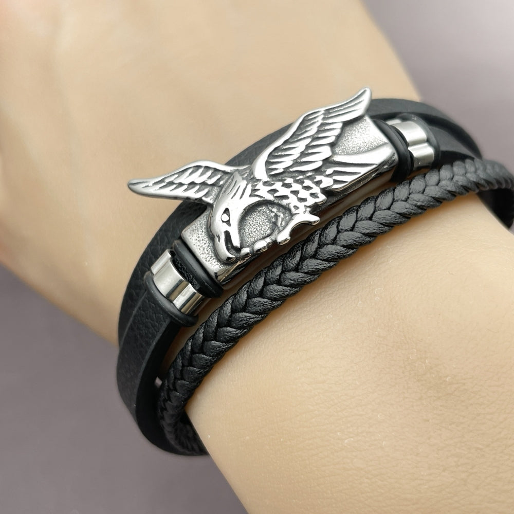 Stainless Steel Fancy Bracelet, Eagle Design, Black Leather Finish, Steel Finish