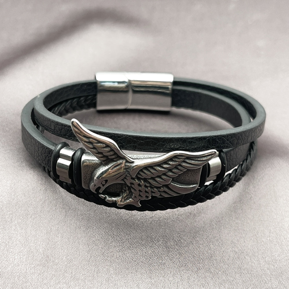 Stainless Steel Fancy Bracelet, Eagle Design, Black Leather Finish, Steel Finish