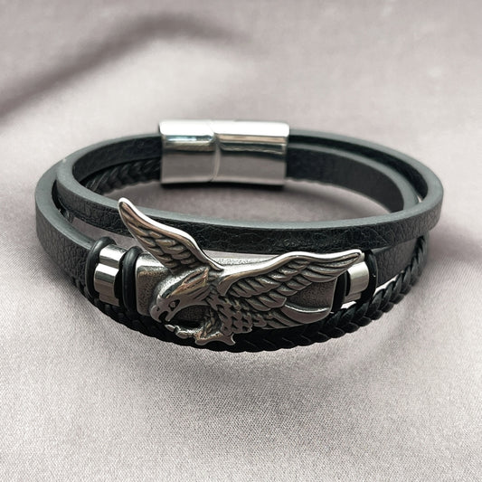 Stainless Steel Fancy Bracelet, Eagle Design, Black Leather Finish, Steel Finish