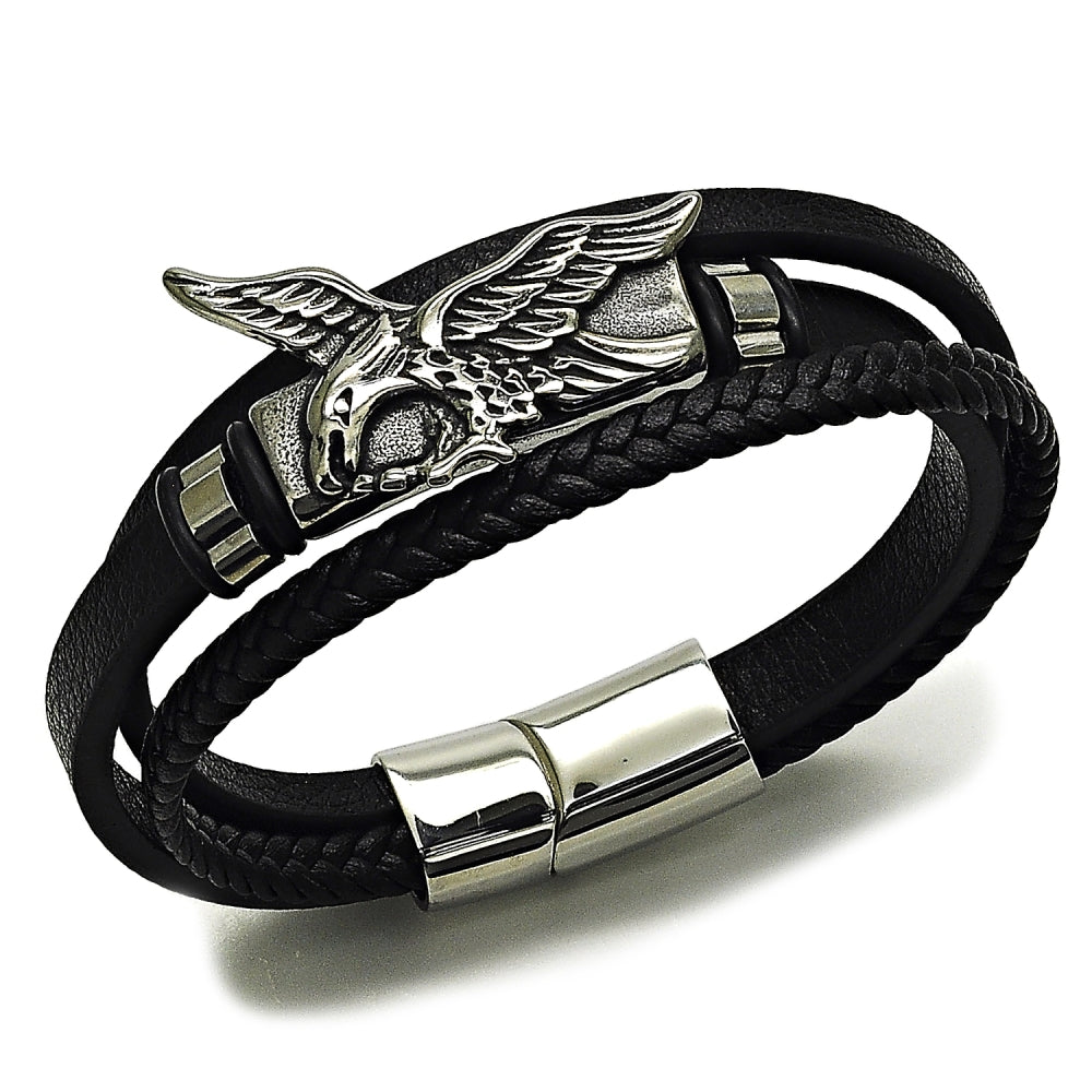 Stainless Steel Fancy Bracelet, Eagle Design, Black Leather Finish, Steel Finish