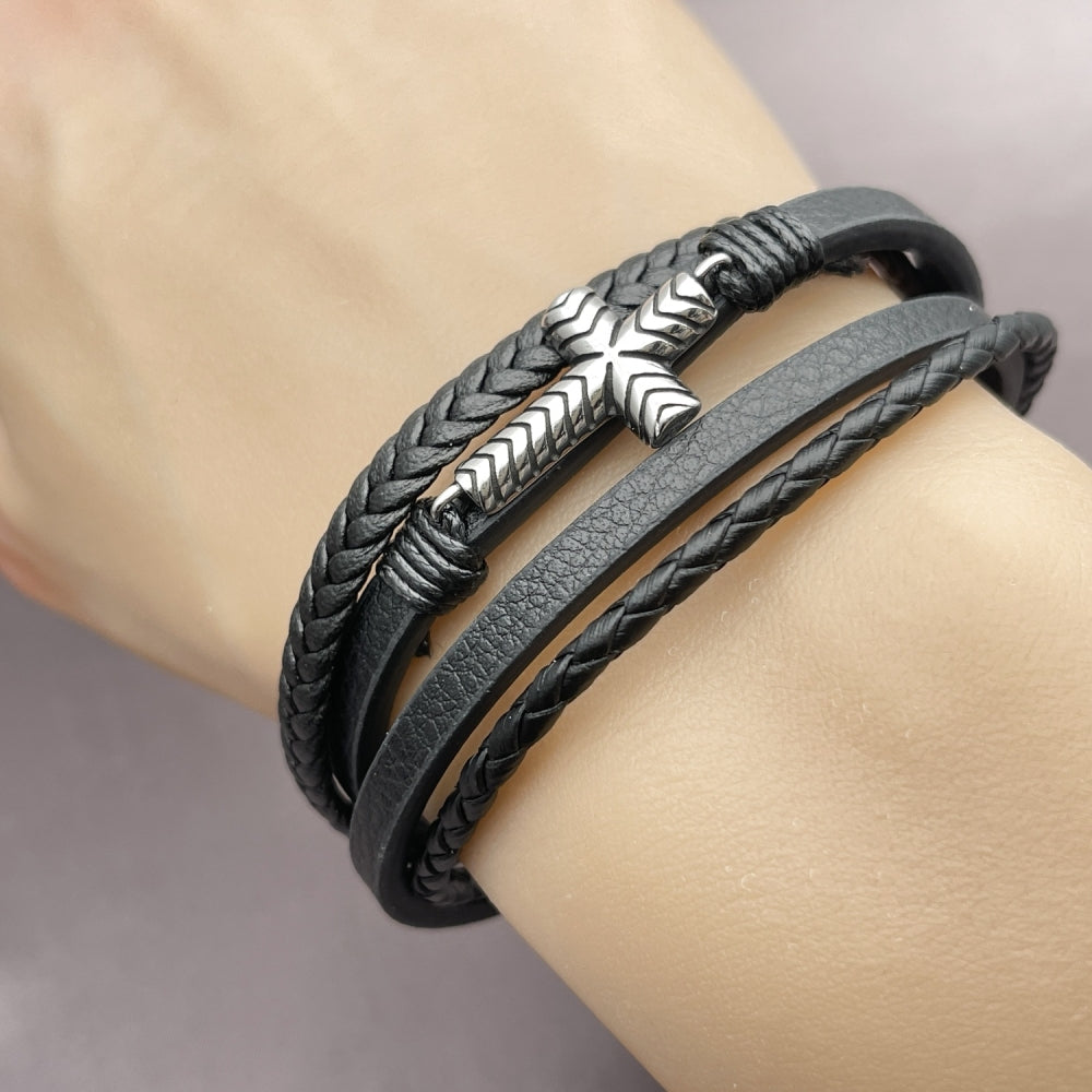 Stainless Steel Fancy Bracelet, Cross Design, Black Leather Finish, Steel Finish