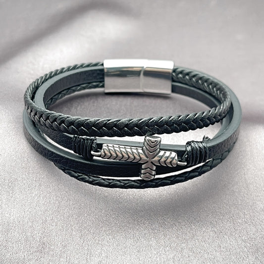 Stainless Steel Fancy Bracelet, Cross Design, Black Leather Finish, Steel Finish