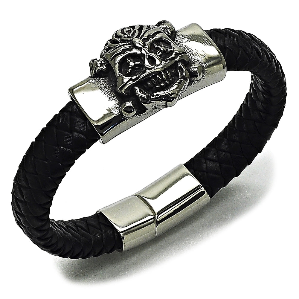 Stainless Steel Fancy Bracelet, Skull Design, Black Leather Finish, Steel Finish