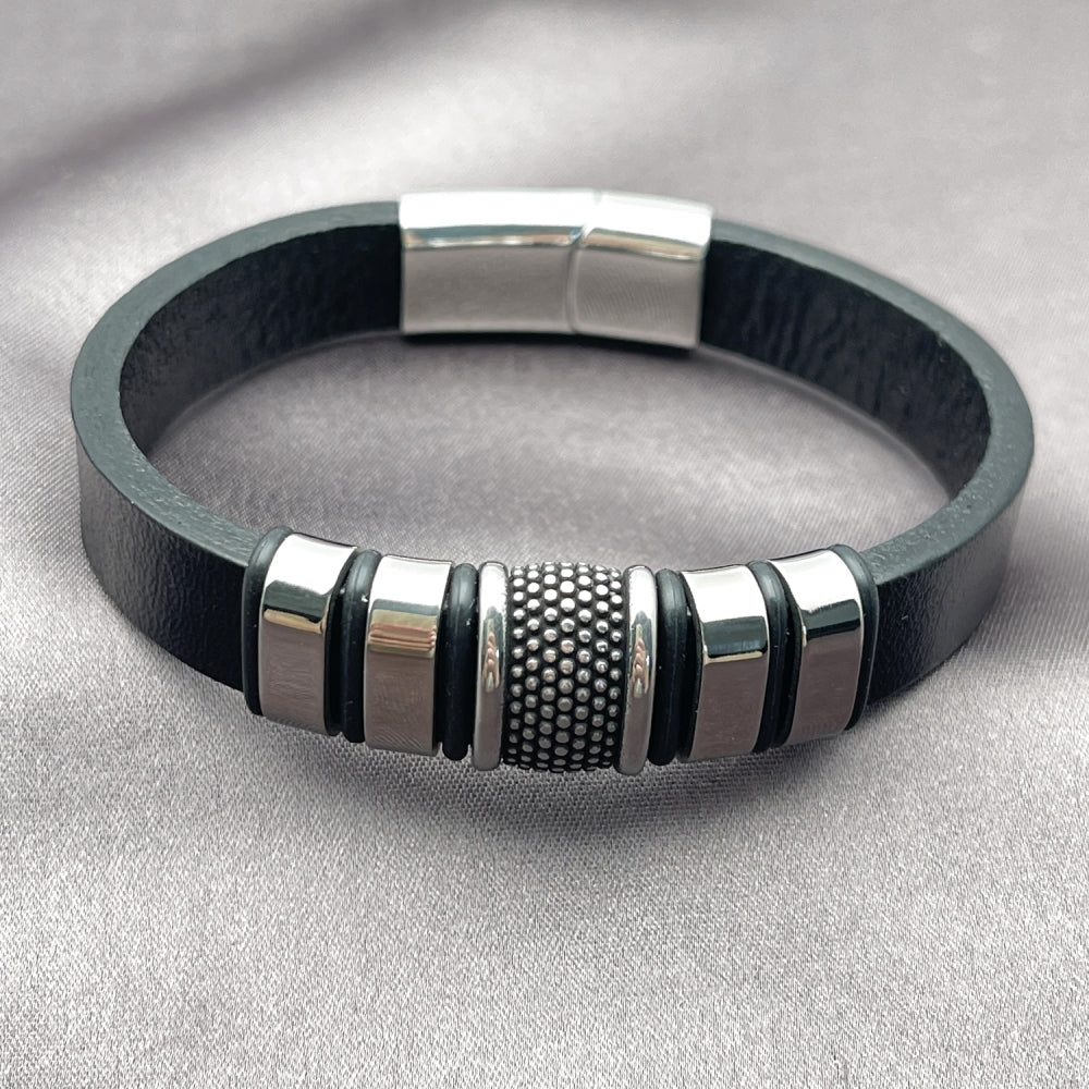 Stainless Steel Fancy Bracelet, Black Leather Finish, Steel Finish