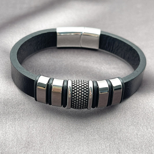 Stainless Steel Fancy Bracelet, Black Leather Finish, Steel Finish