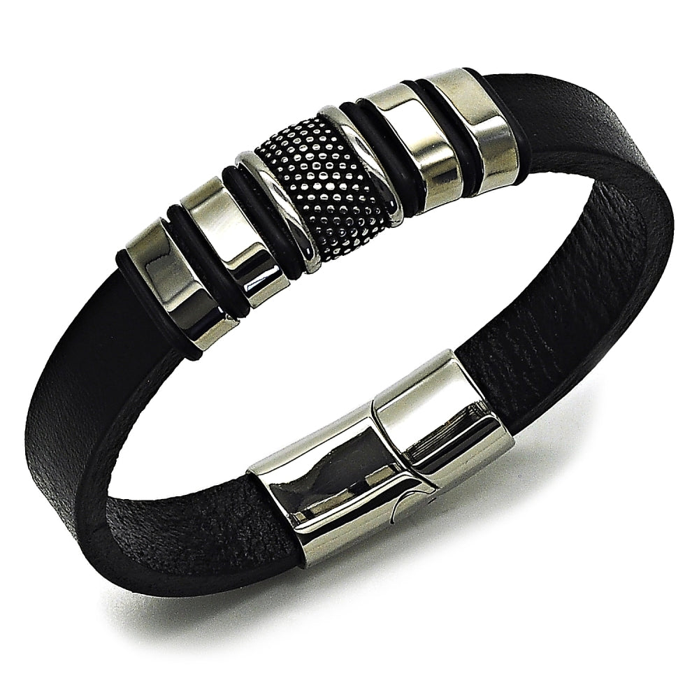 Stainless Steel Fancy Bracelet, Black Leather Finish, Steel Finish