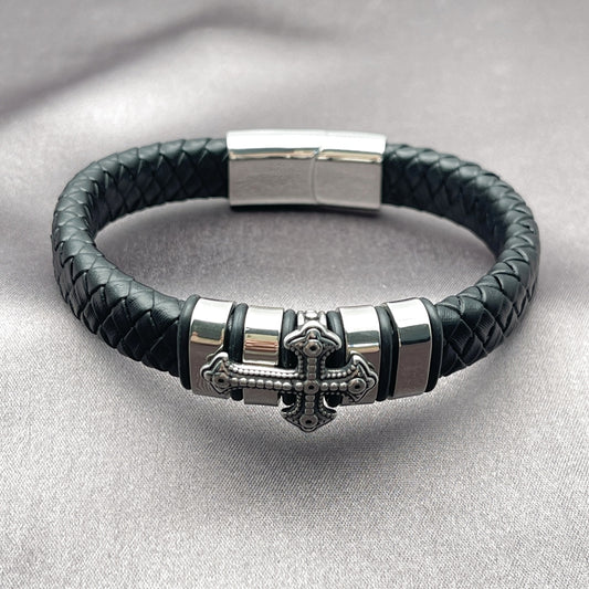 Stainless Steel Fancy Bracelet, Cross Design, Black Leather Finish, Steel Finish