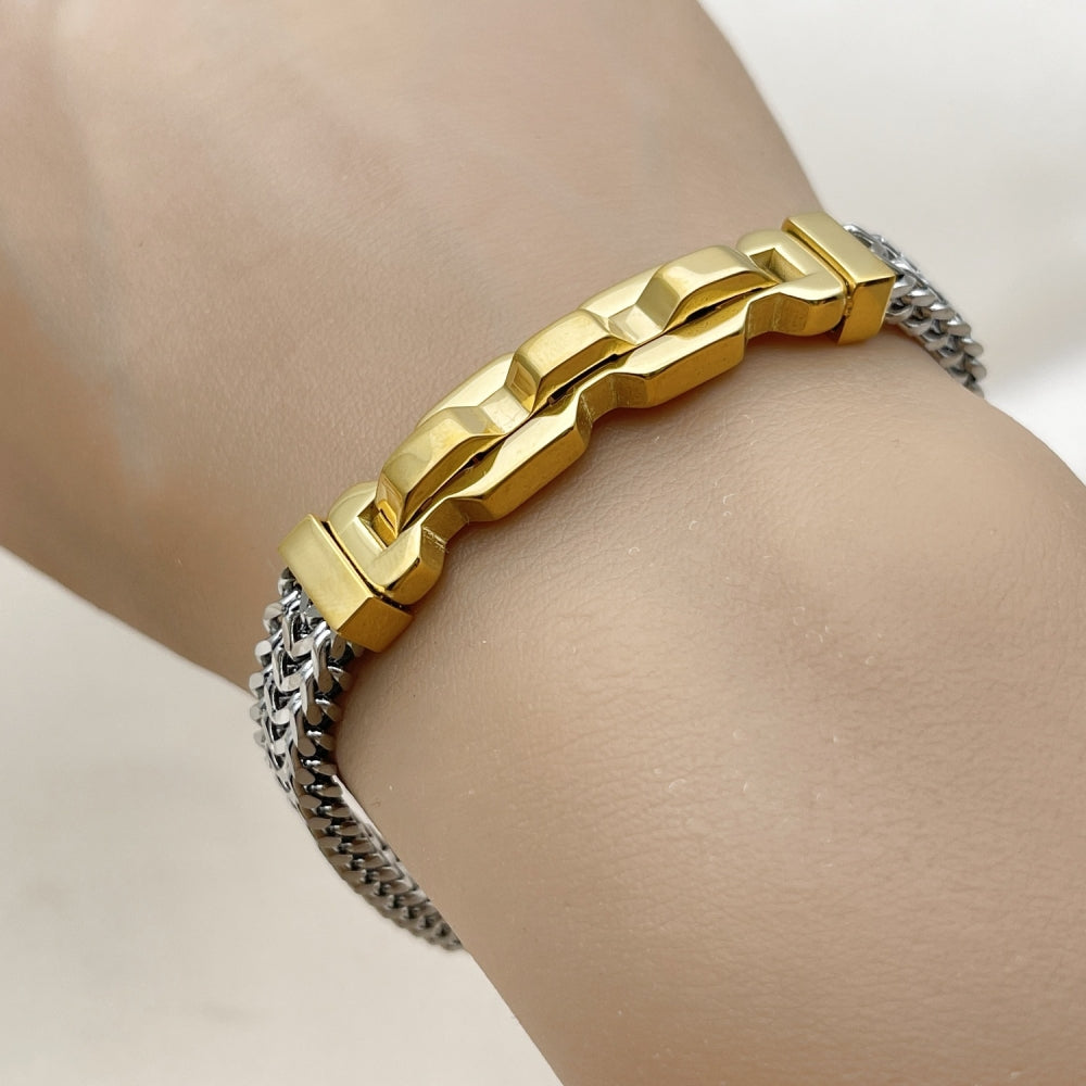 Stainless Steel Solid Bracelet, Square Franco Design, Polished, Two Tone