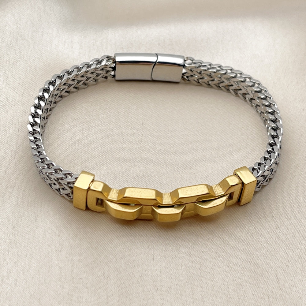 Stainless Steel Solid Bracelet, Square Franco Design, Polished, Two Tone