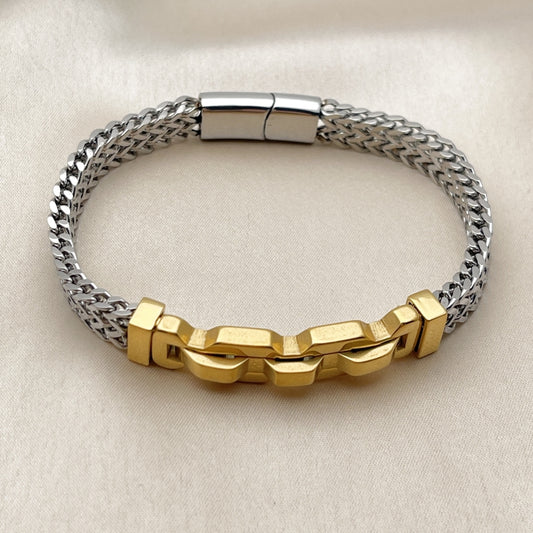 Stainless Steel Solid Bracelet, Square Franco Design, Polished, Two Tone