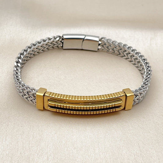 Stainless Steel Solid Bracelet, Square Franco Design, Polished, Two Tone