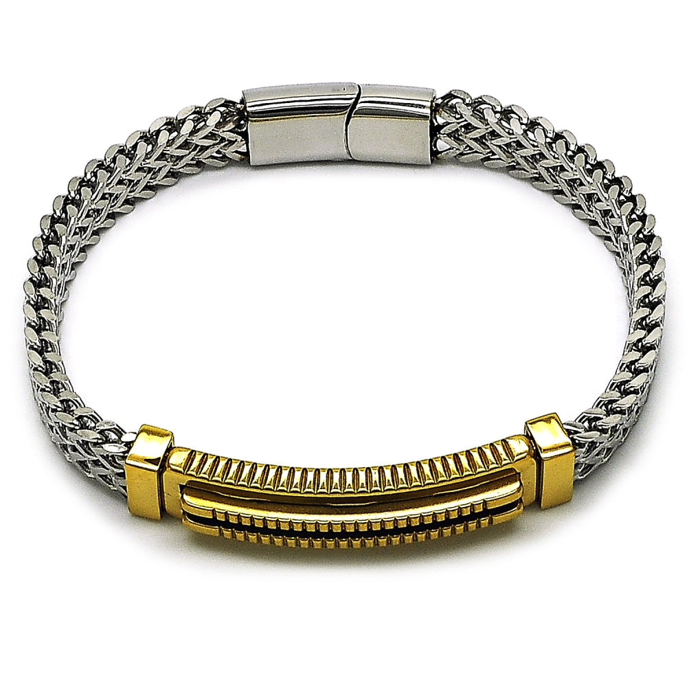 Stainless Steel Solid Bracelet, Square Franco Design, Polished, Two Tone