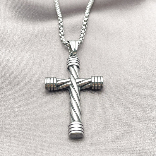 Stainless Steel Pendant Necklace, Box and Cross Design, Polished, Steel Finish