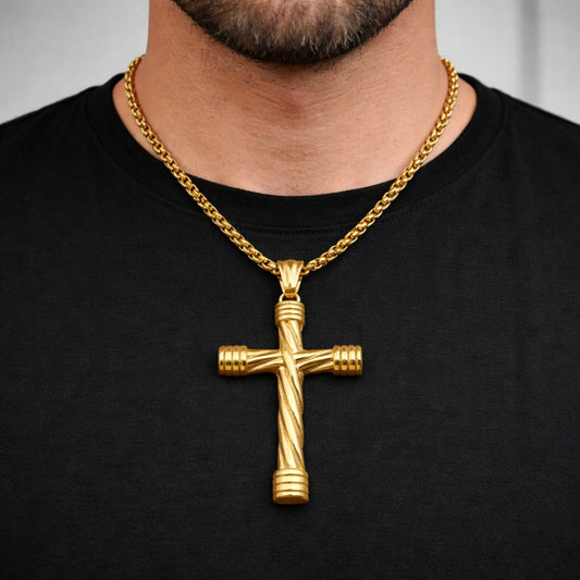Stainless Steel Pendant Necklace, Box and Cross Design, Polished, Golden Finish
