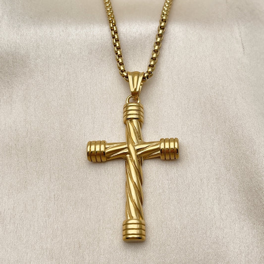 Stainless Steel Pendant Necklace, Box and Cross Design, Polished, Golden Finish