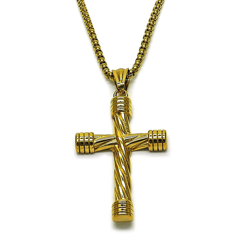 Stainless Steel Pendant Necklace, Box and Cross Design, Polished, Golden Finish