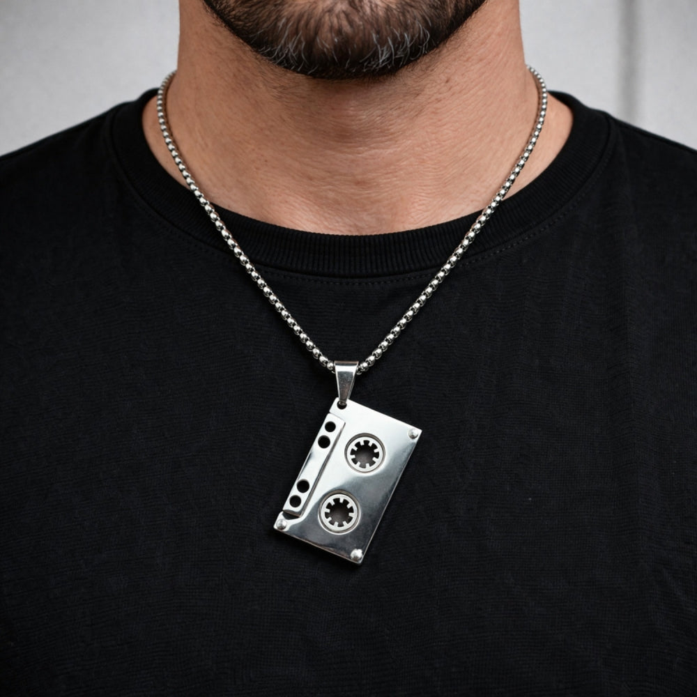 Stainless Steel Pendant Necklace, Box Design, Polished, Steel Finish