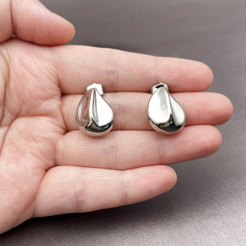 White Gold Filled Stud Earring, Teardrop Design, Polished, Rhodium Finish