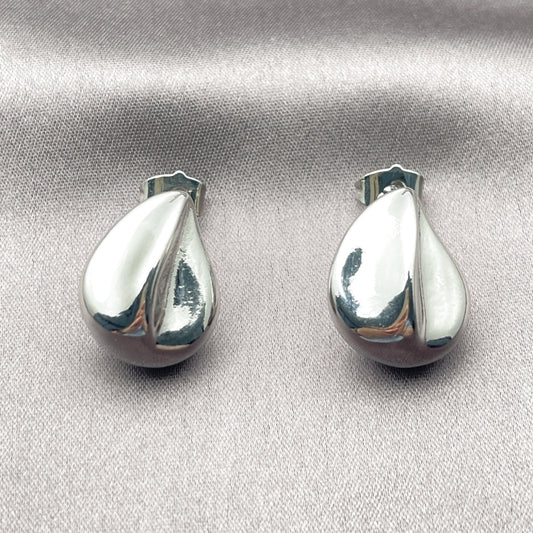White Gold Filled Stud Earring, Teardrop Design, Polished, Rhodium Finish