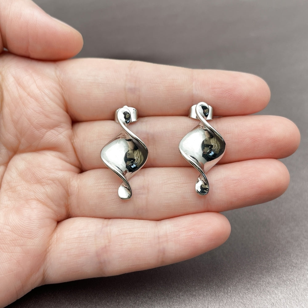 White Gold Filled Stud Earring, Twist Design, Polished, Rhodium Finish