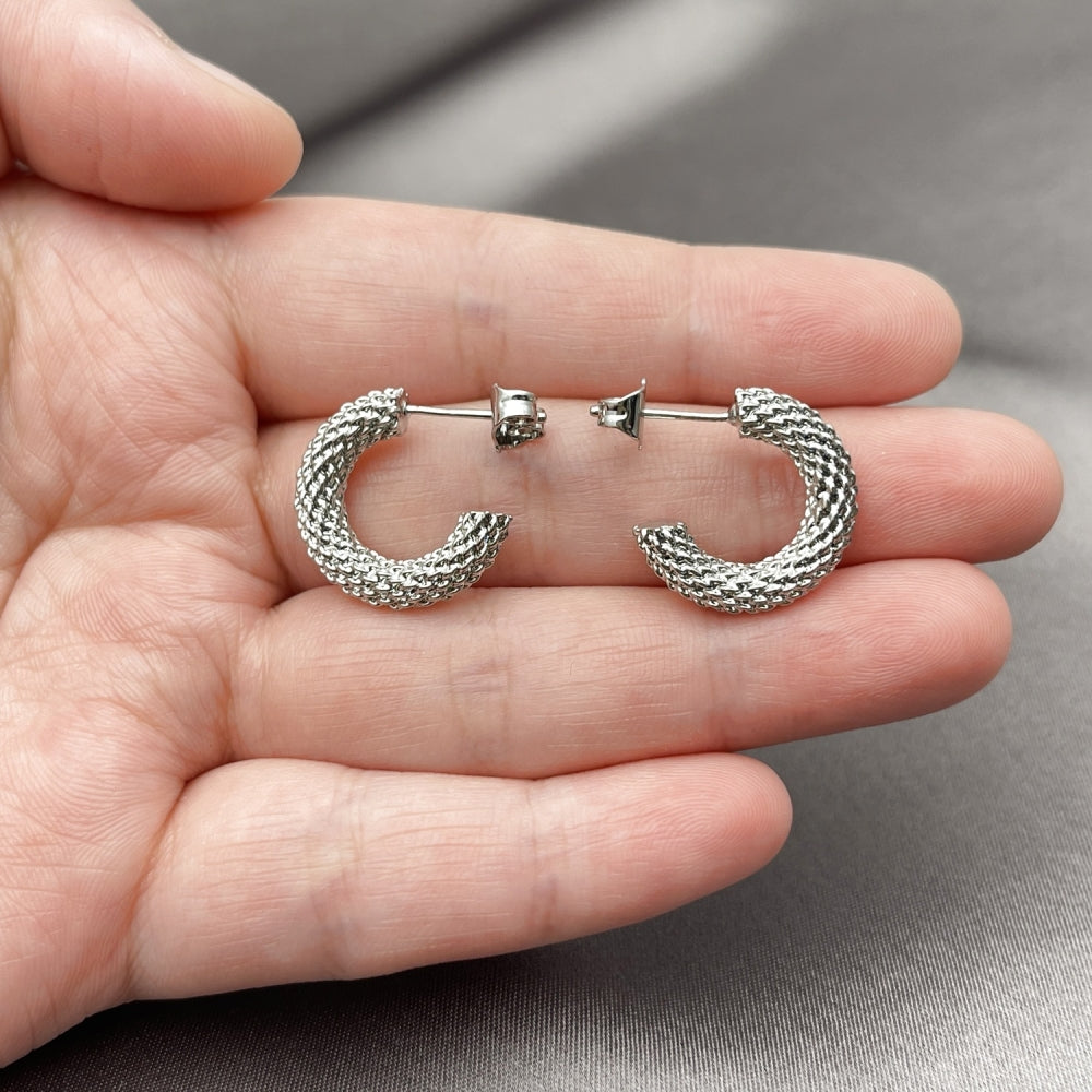 White Gold Filled Small Hoop, Rope Design, Diamond Cutting Finish, Rhodium Finish