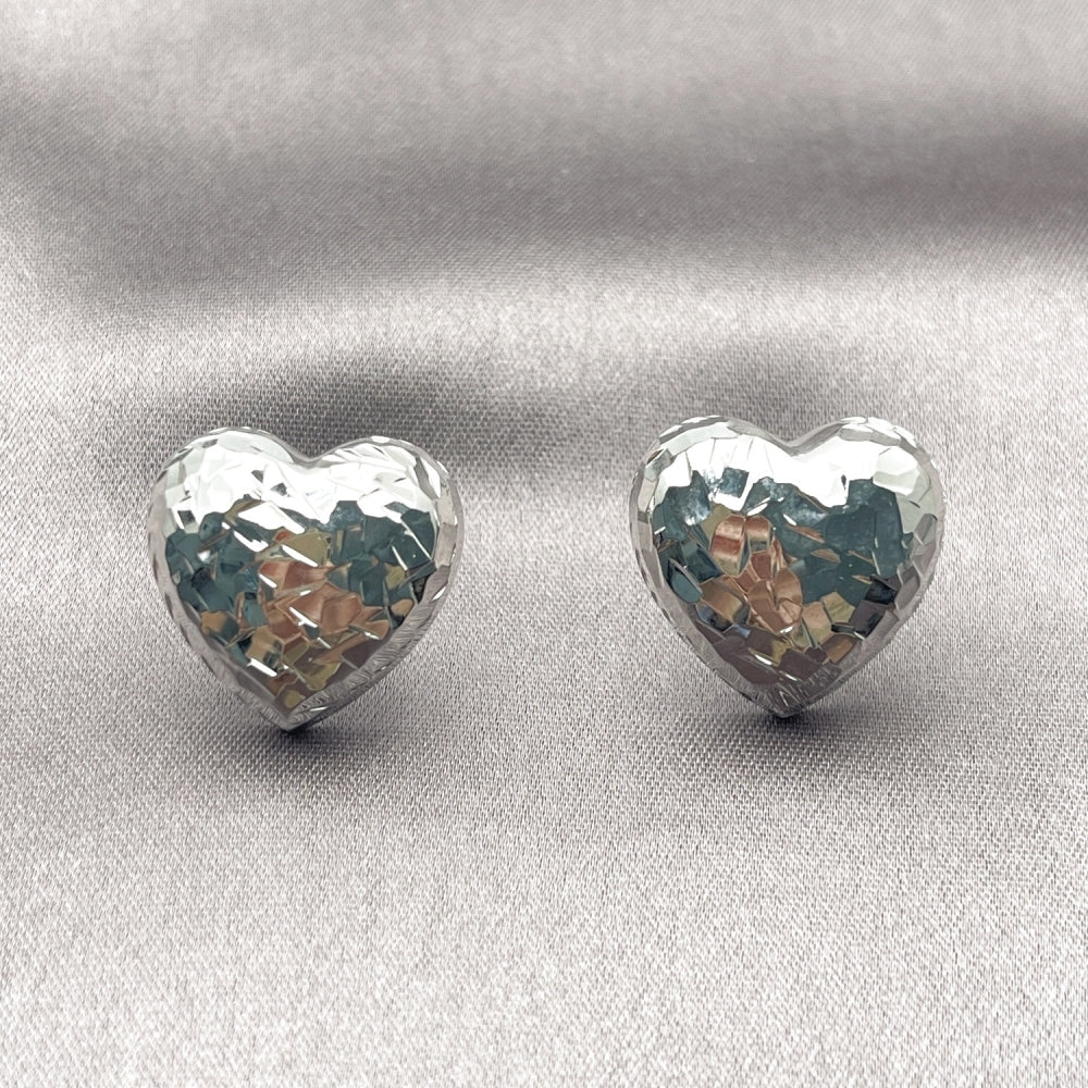 White Gold Filled Stud Earring, Heart Design, Diamond Cutting Finish, Rhodium Finish