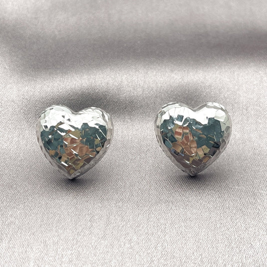 White Gold Filled Stud Earring, Heart Design, Diamond Cutting Finish, Rhodium Finish