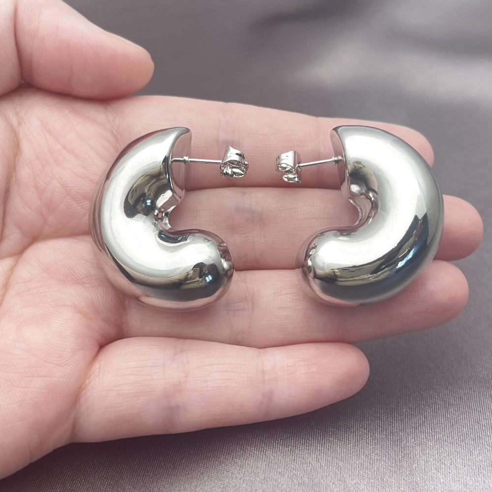 White Gold Filled Stud Earring, Hollow Design, Polished, Rhodium Finish