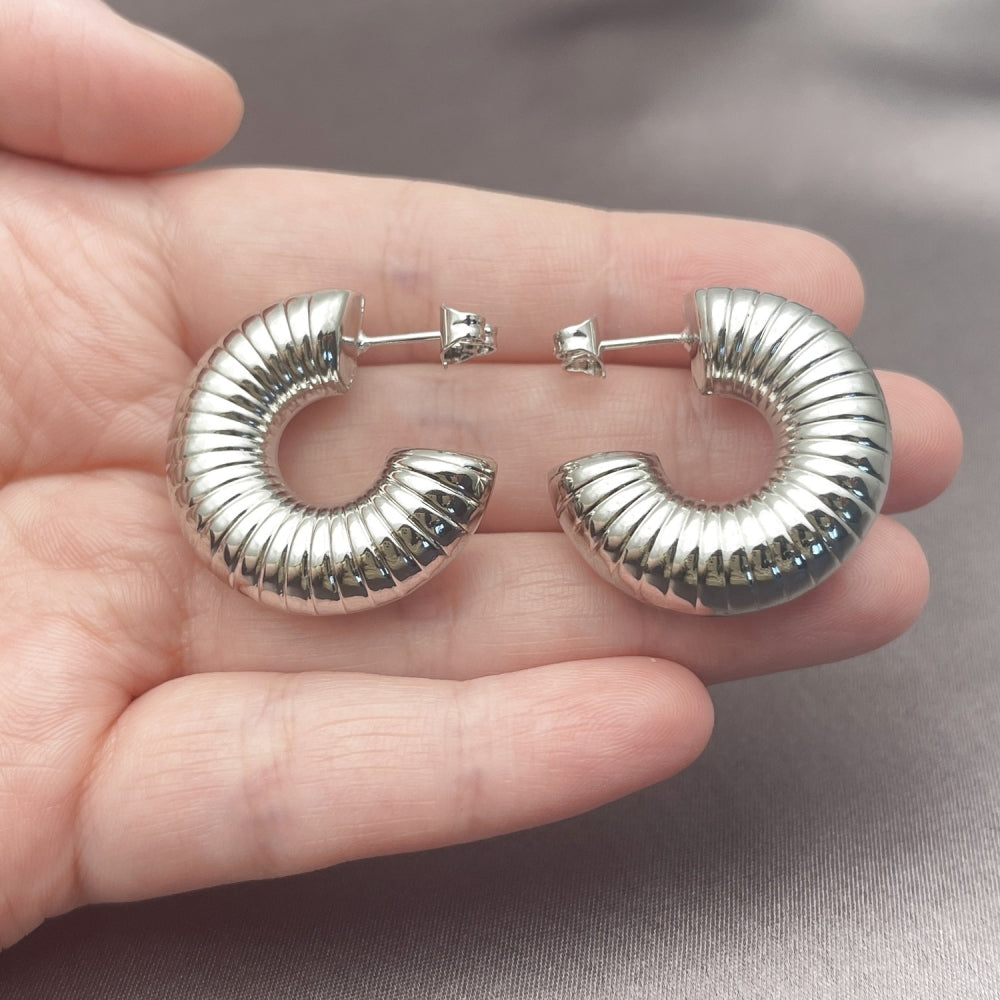White Gold Filled Stud Earring, Hollow Design, Polished, Rhodium Finish