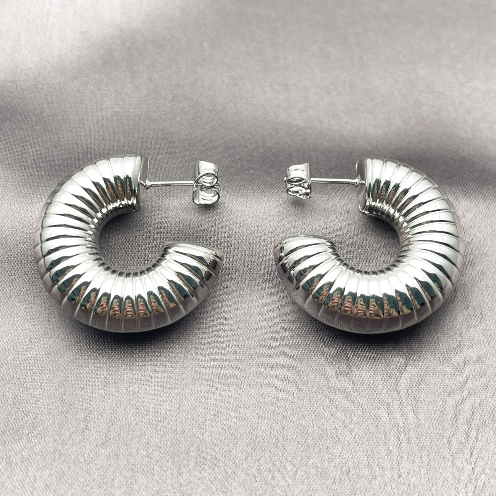 White Gold Filled Stud Earring, Hollow Design, Polished, Rhodium Finish