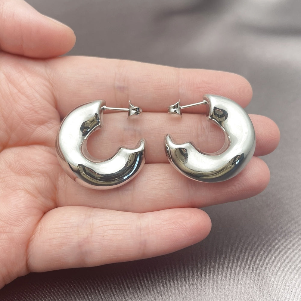 White Gold Filled Medium Hoop, Hollow Design, Polished, Rhodium Finish