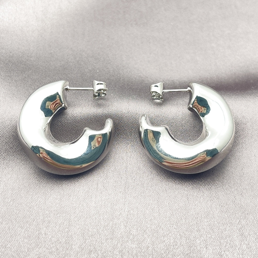 White Gold Filled Medium Hoop, Hollow Design, Polished, Rhodium Finish