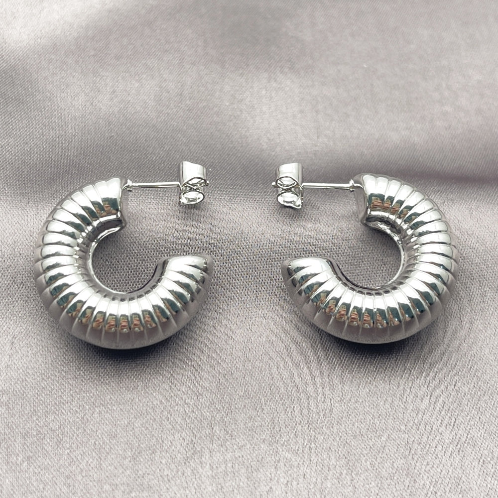 White Gold Filled Stud Earring, Hollow Design, Diamond Cutting Finish, Rhodium Finish