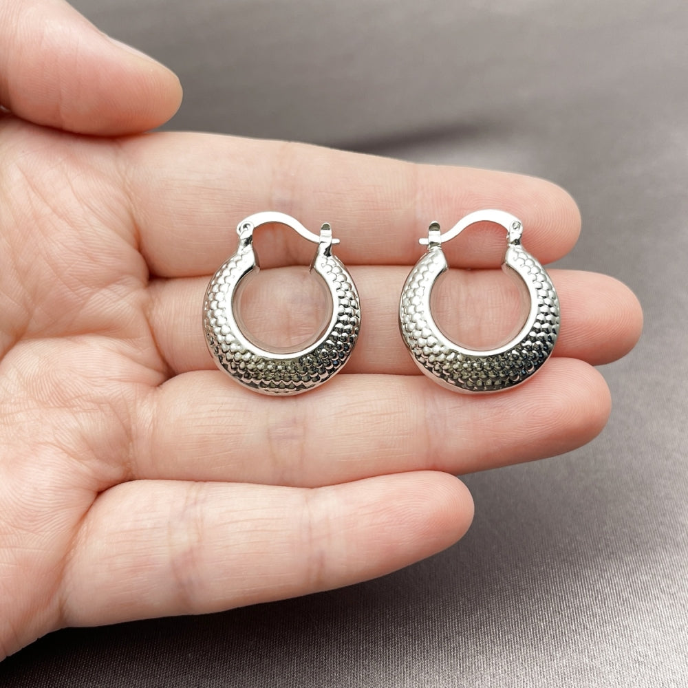 White Gold Filled Small Hoop, Hollow Design, Diamond Cutting Finish, Rhodium Finish