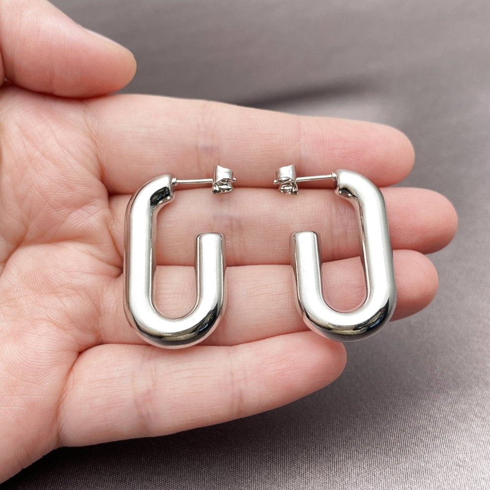 White Gold Filled Stud Earring, Hollow Design, Polished, Rhodium Finish