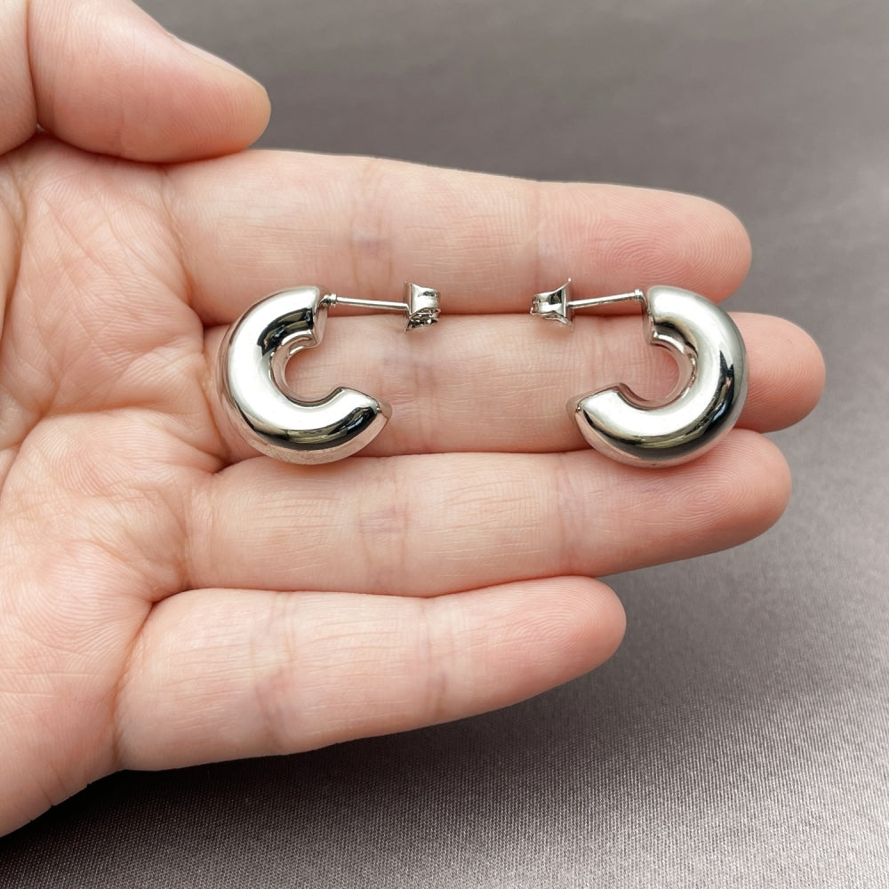 White Gold Filled Stud Earring, Hollow Design, Polished, Rhodium Finish