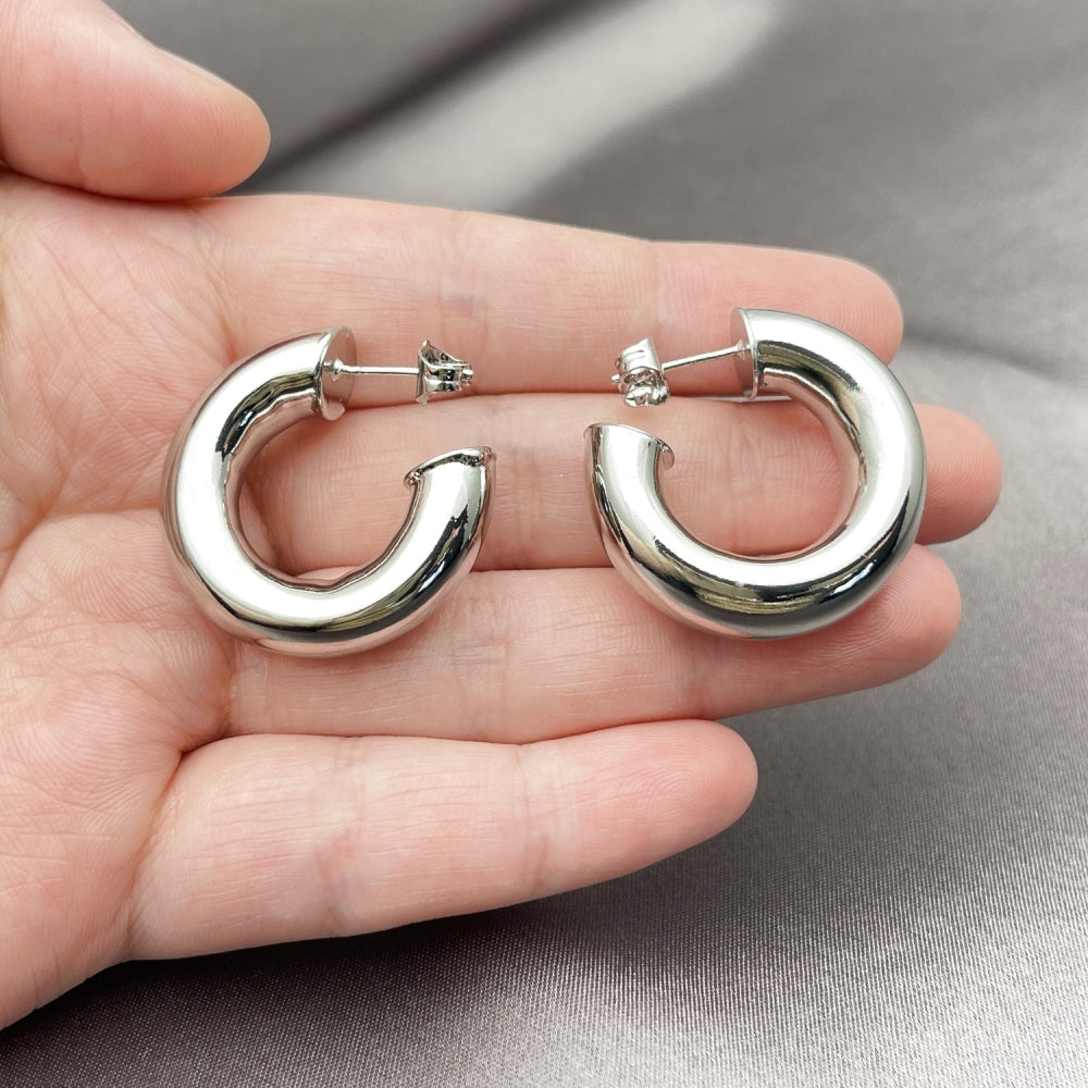 White Gold Filled Medium Hoop, Hollow Design, Polished, Rhodium Finish